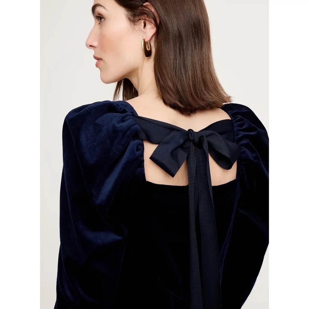 Banana Republic Velvet Top Womens L Navy Blue Puff Sleeve Bow Back Square Neck